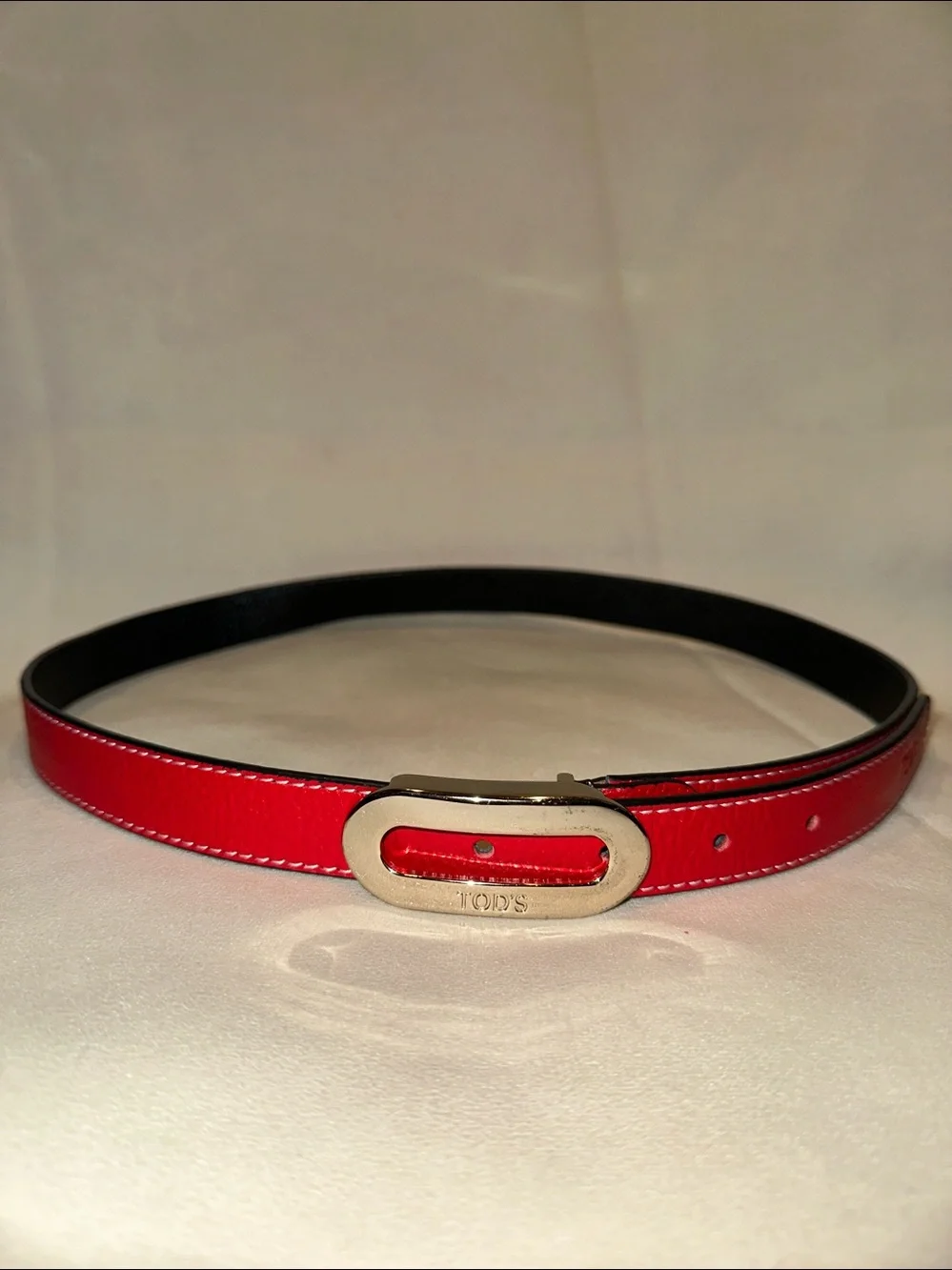 Tod's True Red Leather Belt with Silver Logo Engraved Buckle & White Stitching